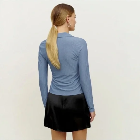 Reformation Shannah Top Size XS Blue Collared Long Sleeve V-Neck - Picture 2 of 8